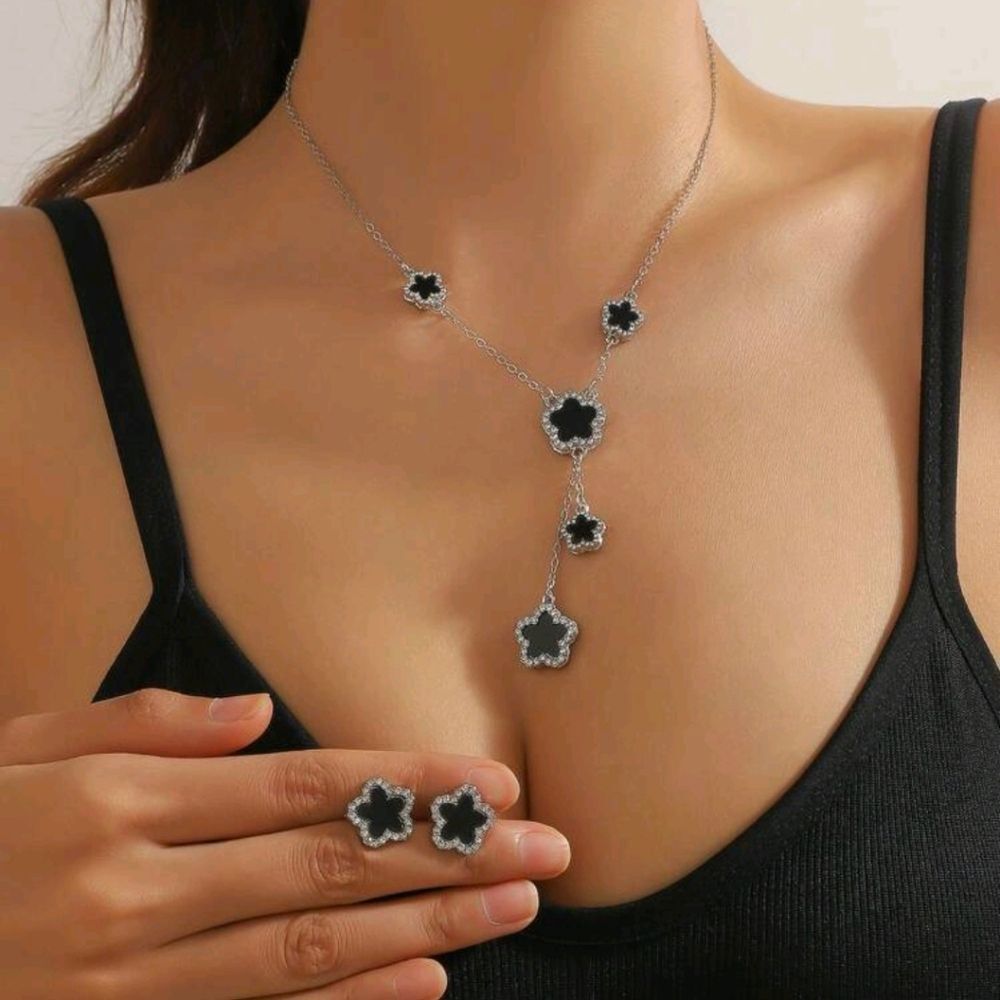 Five Leaf Clover Silver Diamond Necklace, Y Lariat With Matching Earring